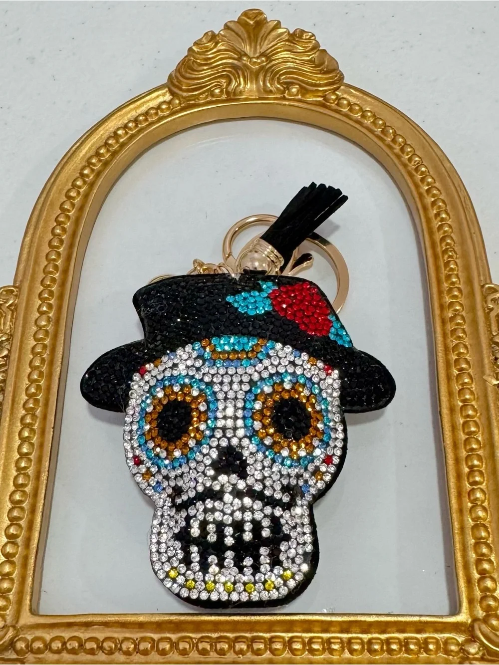 New Crystal Embellished Sugar Skull w/ Mustache & Hat  Keychain
